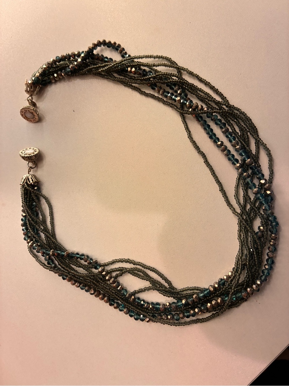 Multi-Strand Teal and Gunmetal Beaded Necklace